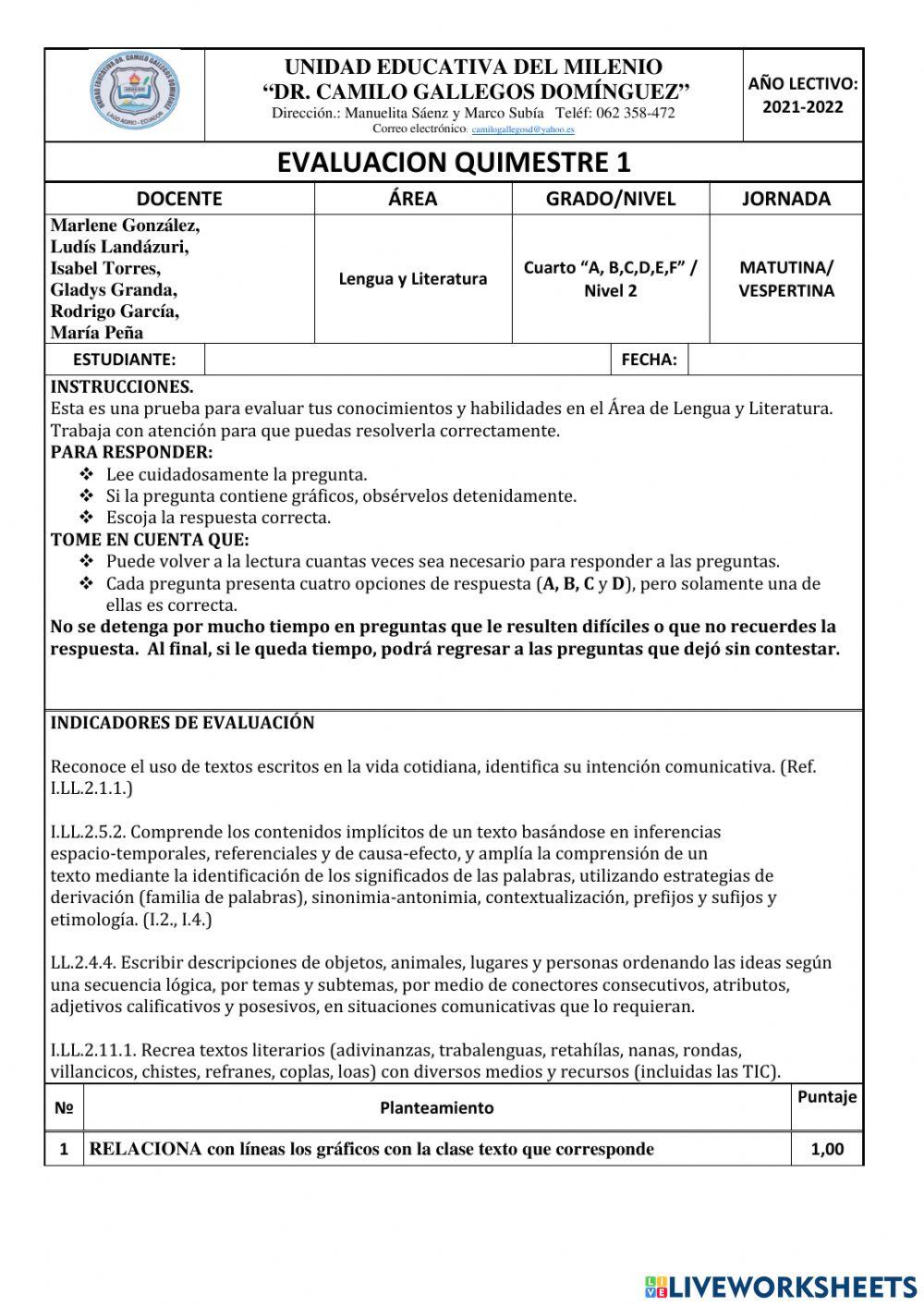 Evaluación quimestral Lengua y Literatura