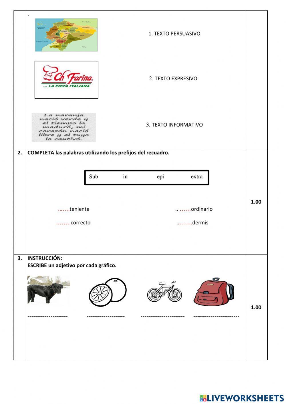 Evaluación quimestral Lengua y Literatura
