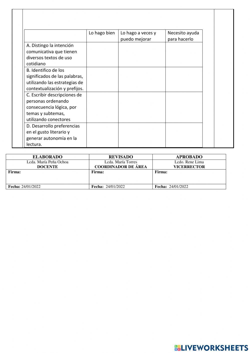 Evaluación quimestral Lengua y Literatura