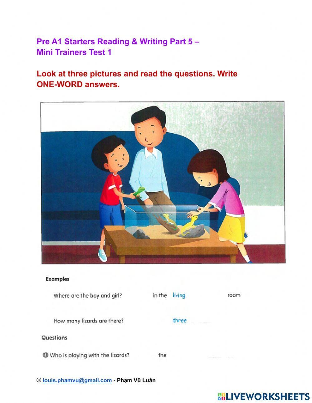 Pre A1 Starters Reading & Writing Part 5 –  Mini Trainers Test 1