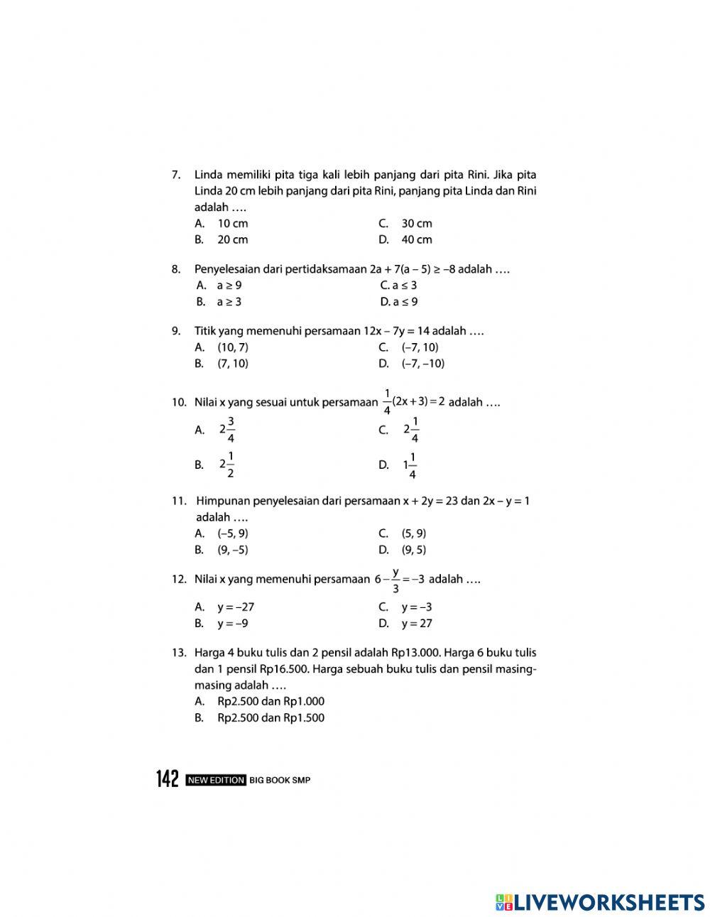 Matematika bab7 persamaan dan pertidaksamaan linear