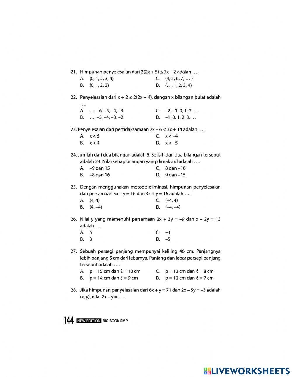 Matematika bab7 persamaan dan pertidaksamaan linear