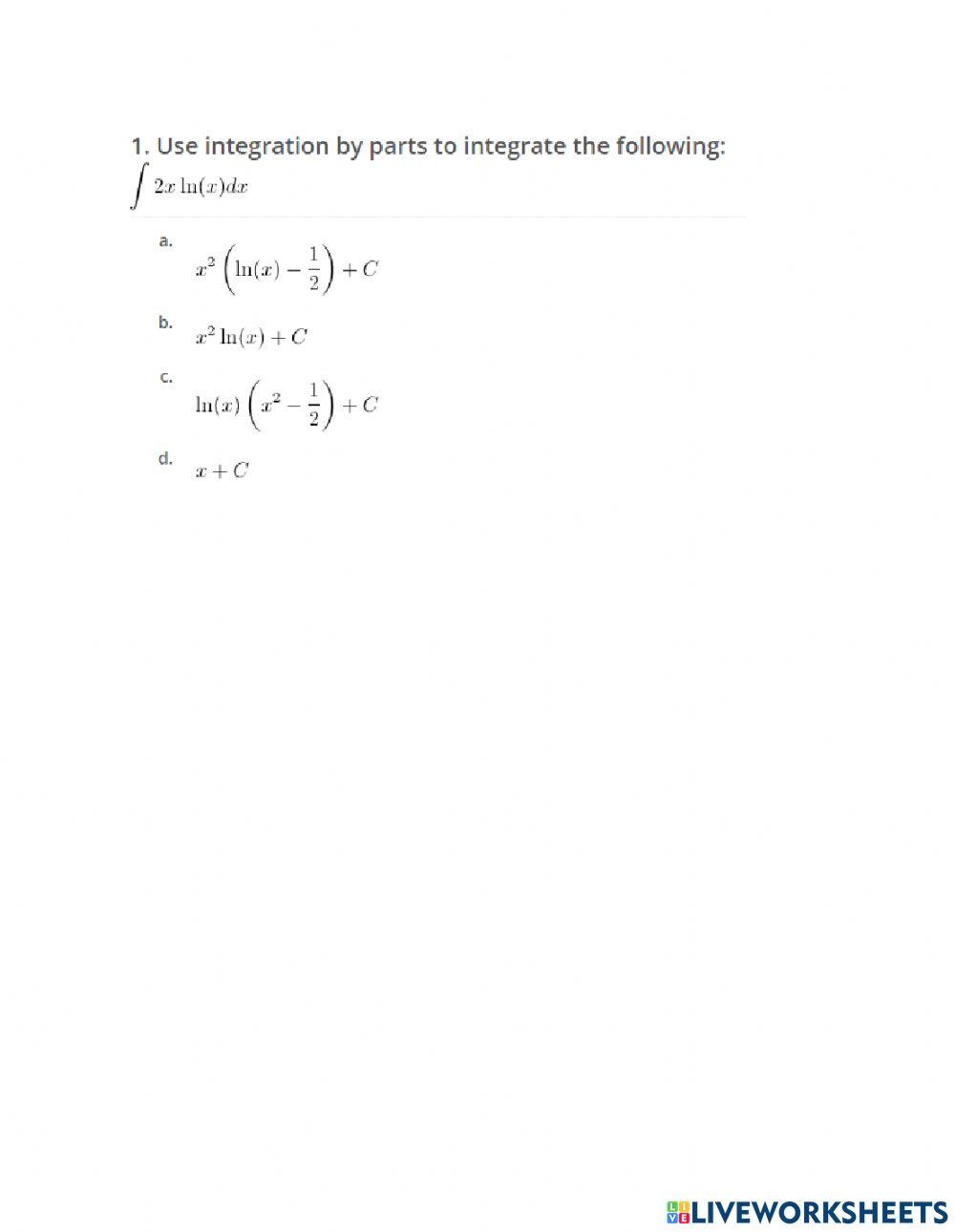 Integration by parts 1 online exercise for Live Worksheets