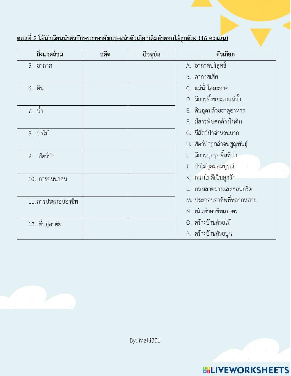 ใบงานออนไลน์ เรื่อง การเปลี่ยนแปลงของสิ่งแวดล้อมในอดีตกับปัจจุบัน