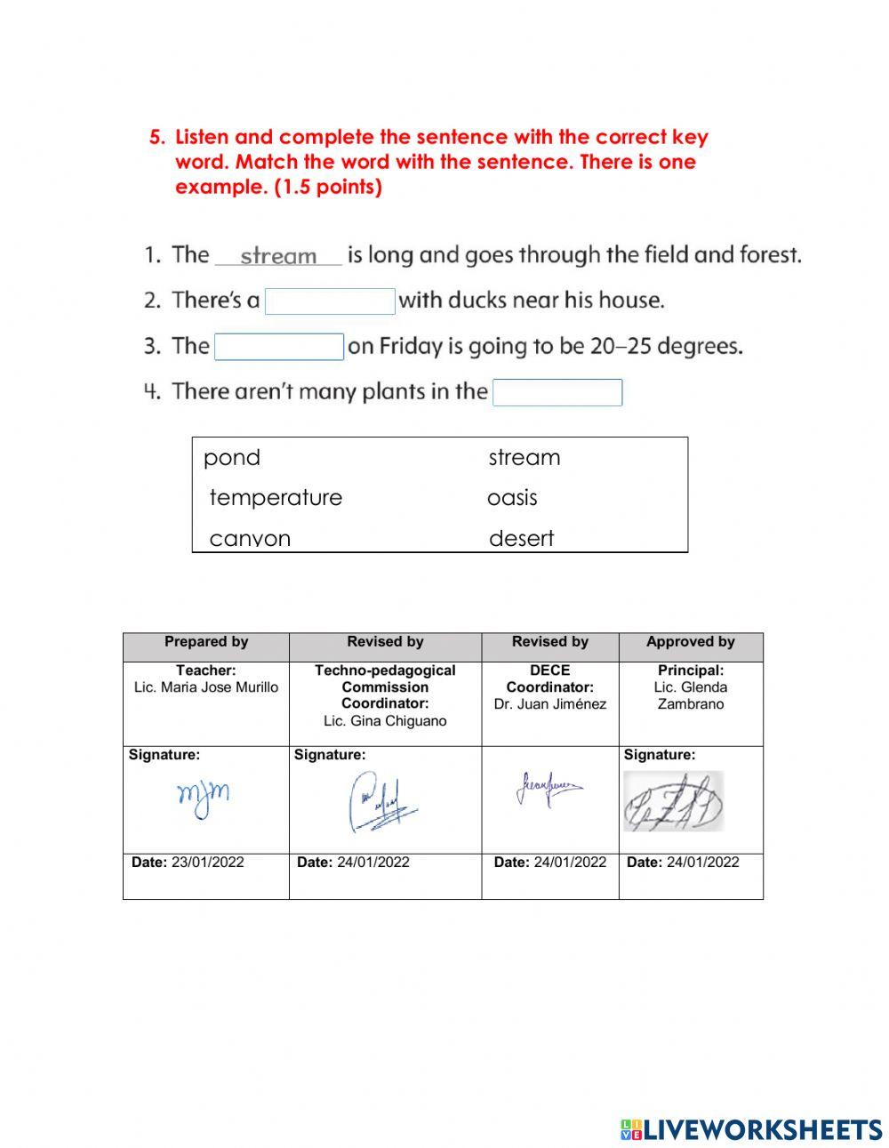 5th Grade - Listening and Speaking Exam