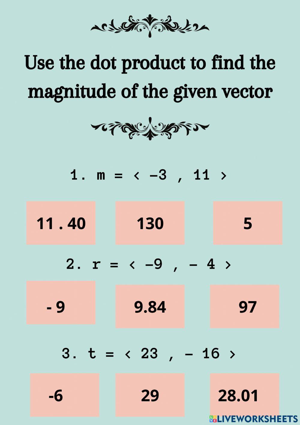 Use The Dot Product To Find Magnitude worksheet | Live Worksheets