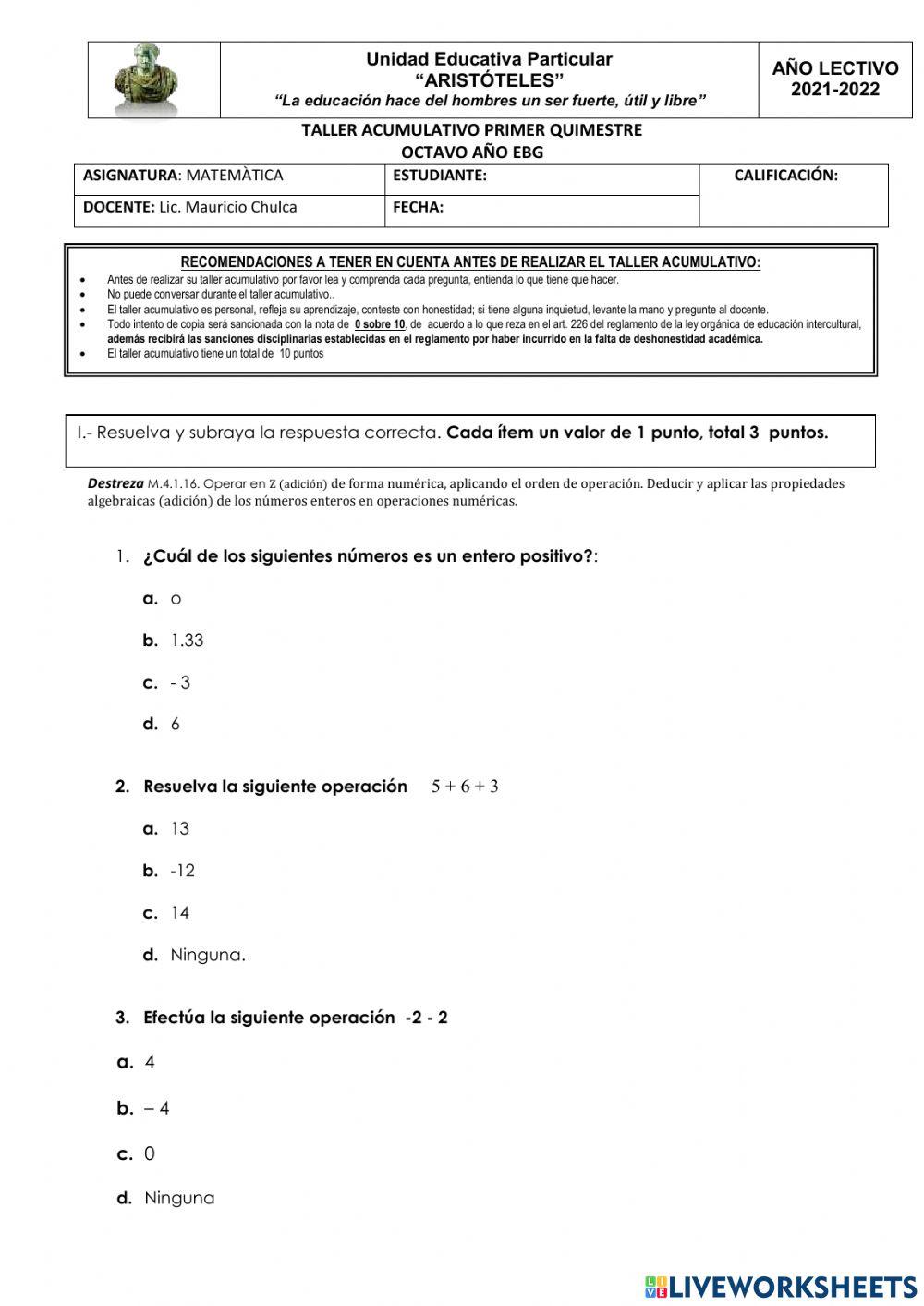 Taller quimestral matemática octavo