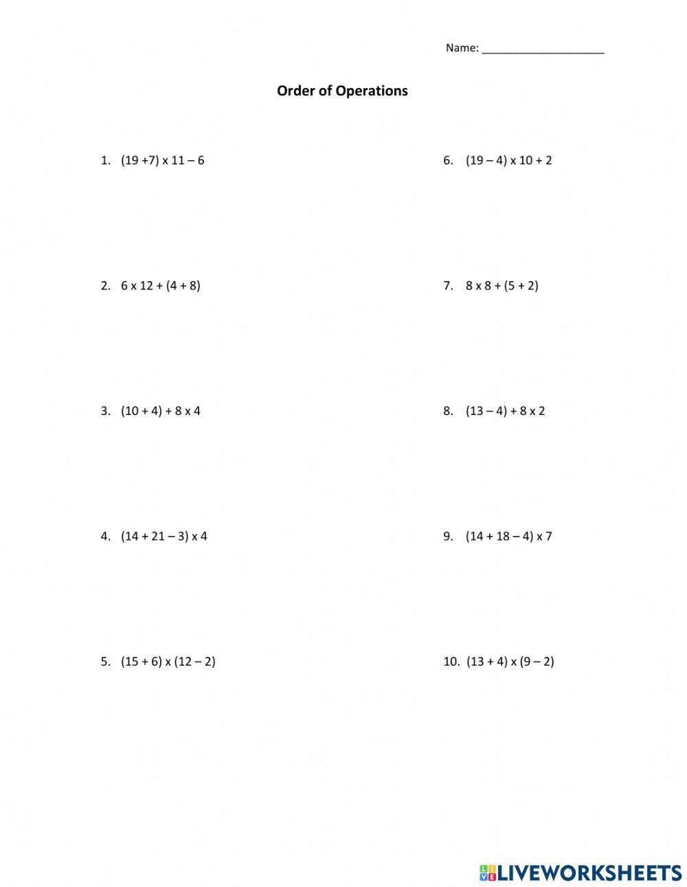 Order of Operations Quiz worksheet | Live Worksheets
