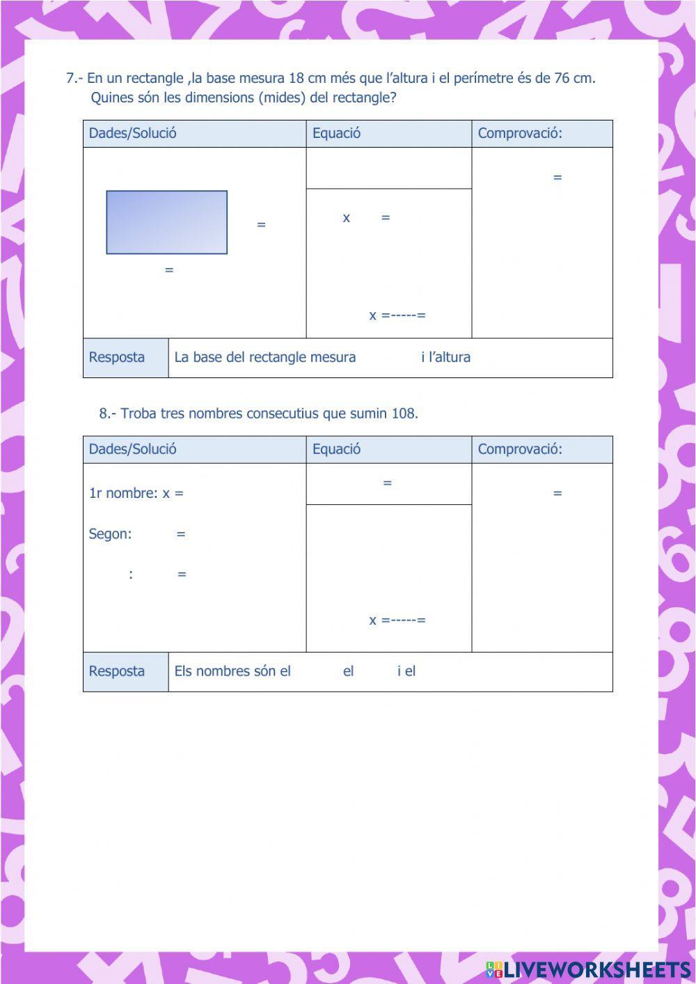 Fitxa de repàs: Equacions