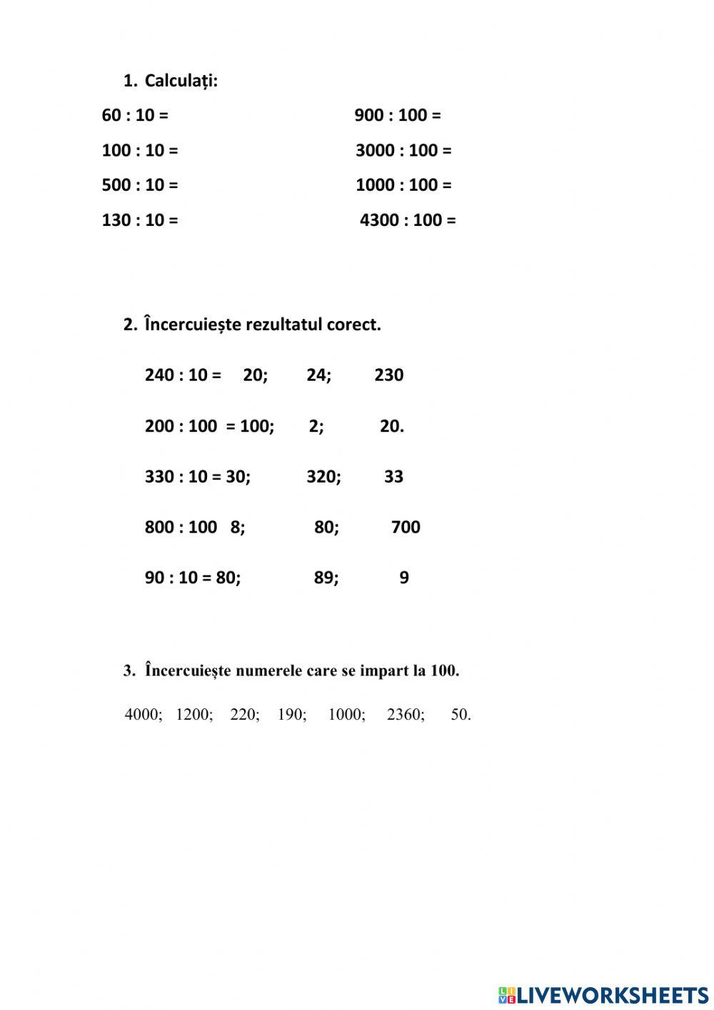 Împărțirea la 10 , la 100
