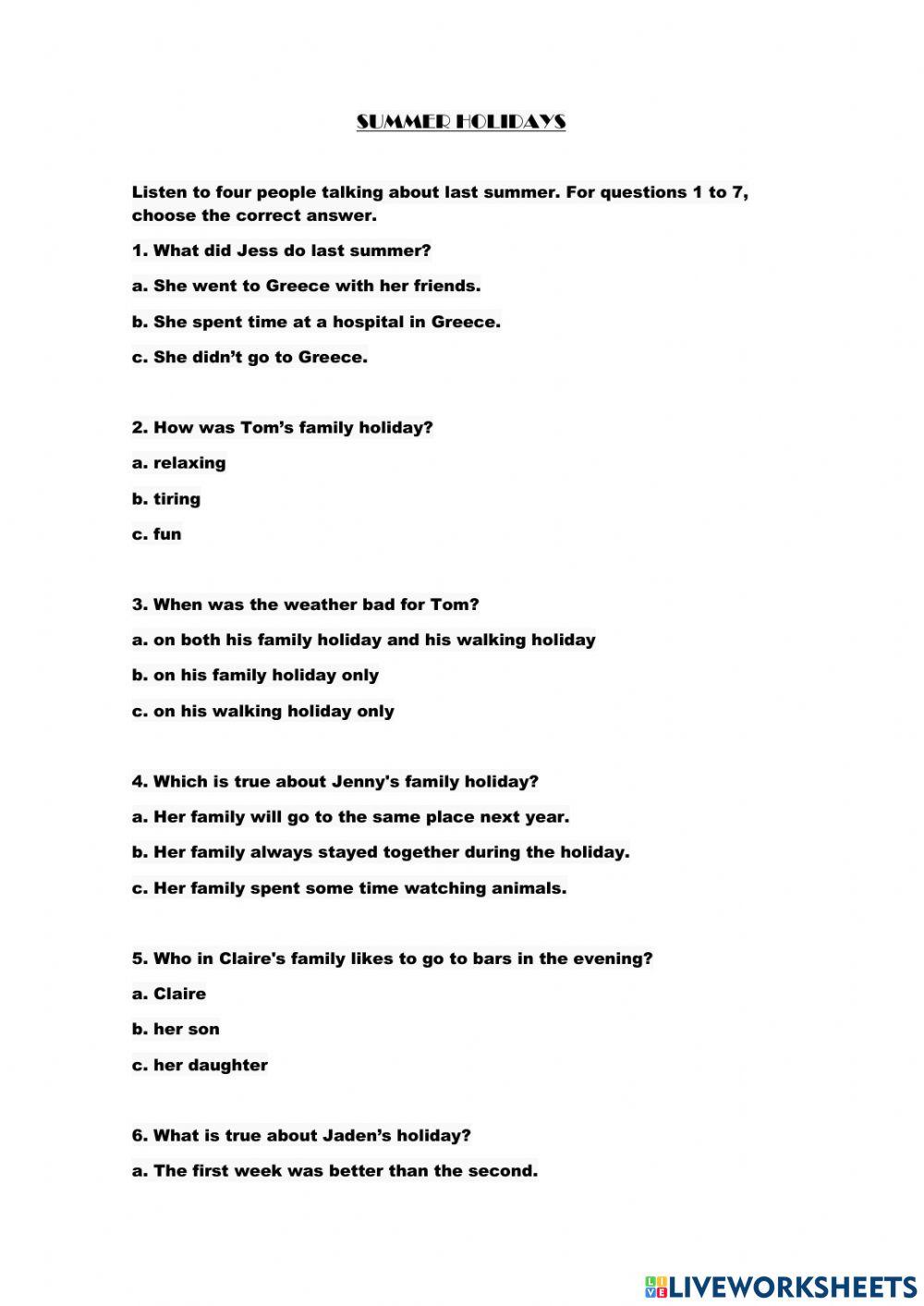 Summer holidays listening comprehension online exercise for live