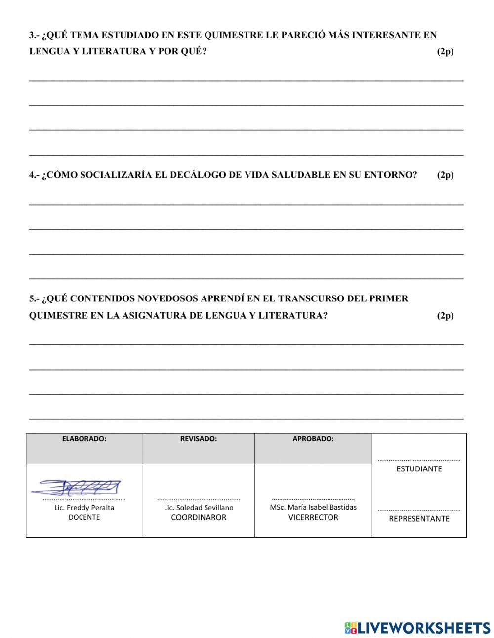 Examen 9no lengua I Quimestre