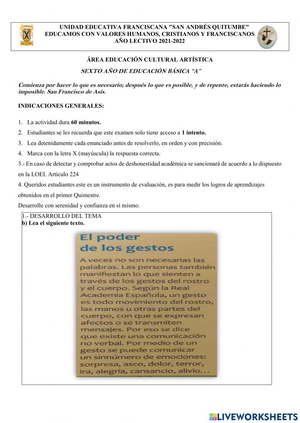 Examen Quimestral Educación Cultural Artística