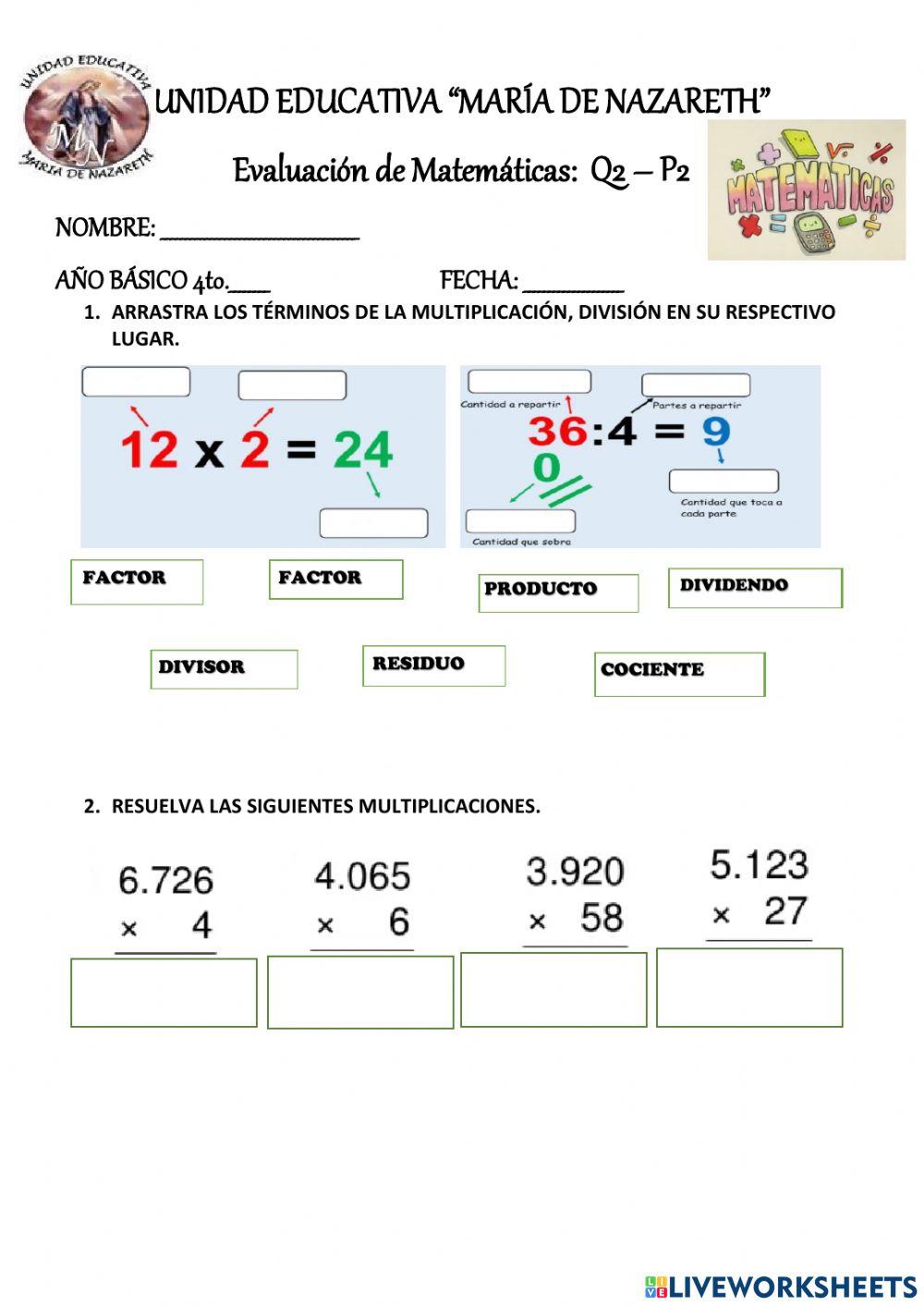 MATEMÁTICAS Evaluación 2Q - 2P