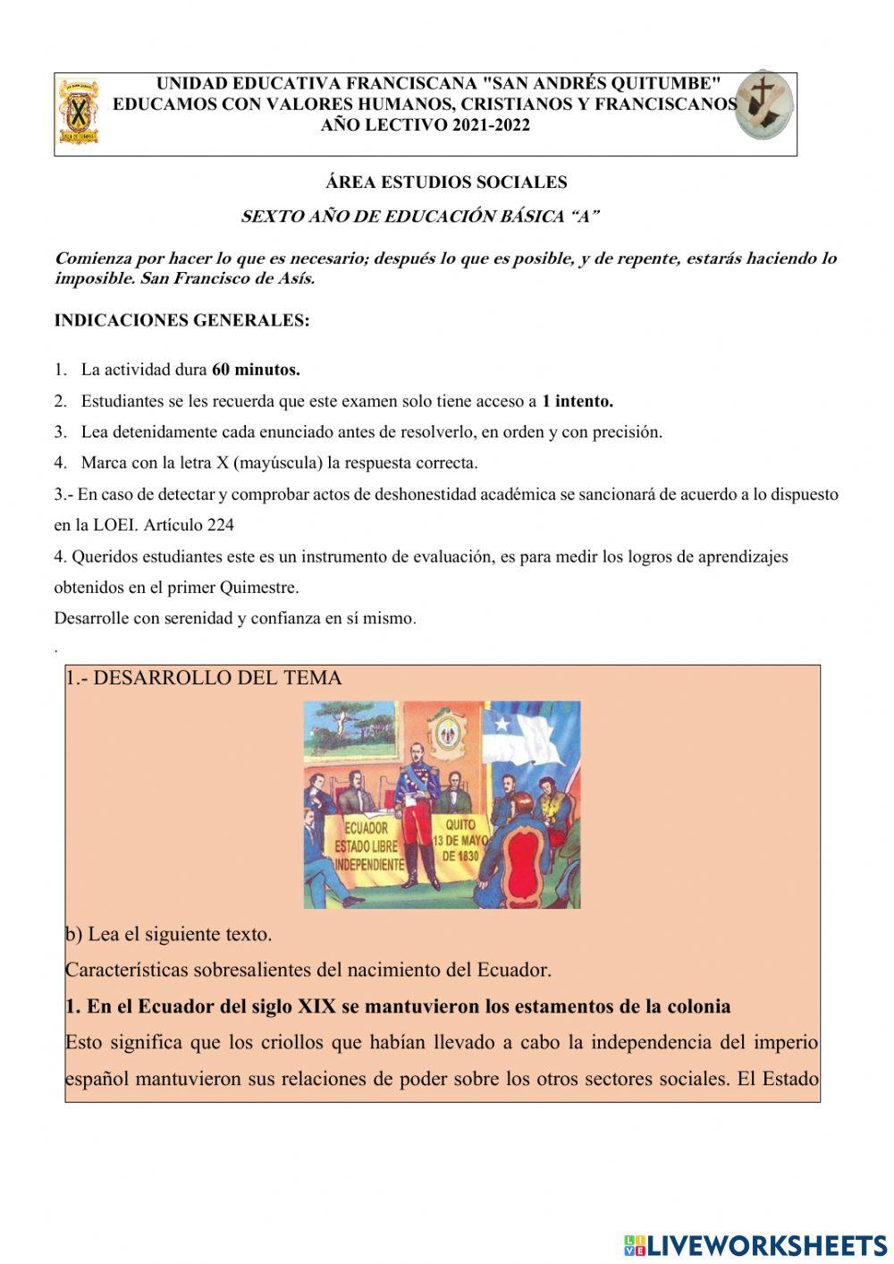 Examen Quimestral de Estudios Sociales