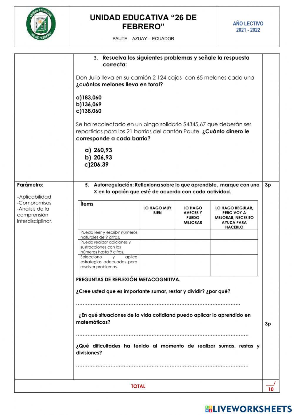 Evaluación de matemática
