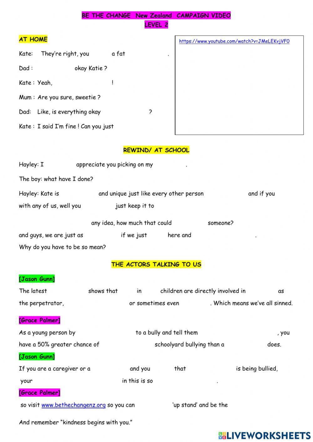Listening Comprehension - Level 2 - (Bullying) BE the change NZ campaign