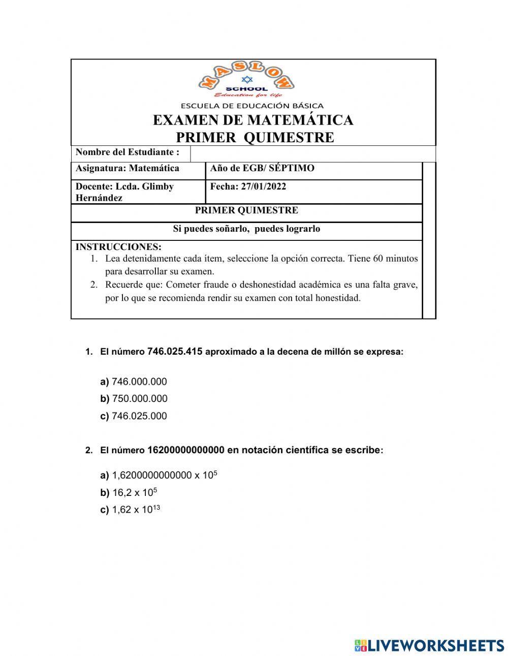 Examen I NEE quimestral 7mo