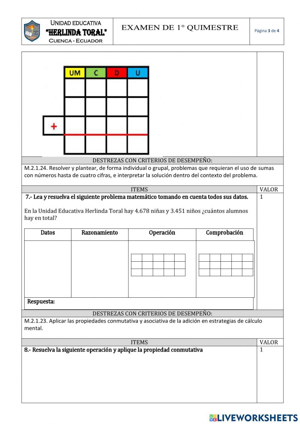 Examen Quimestral Matemática