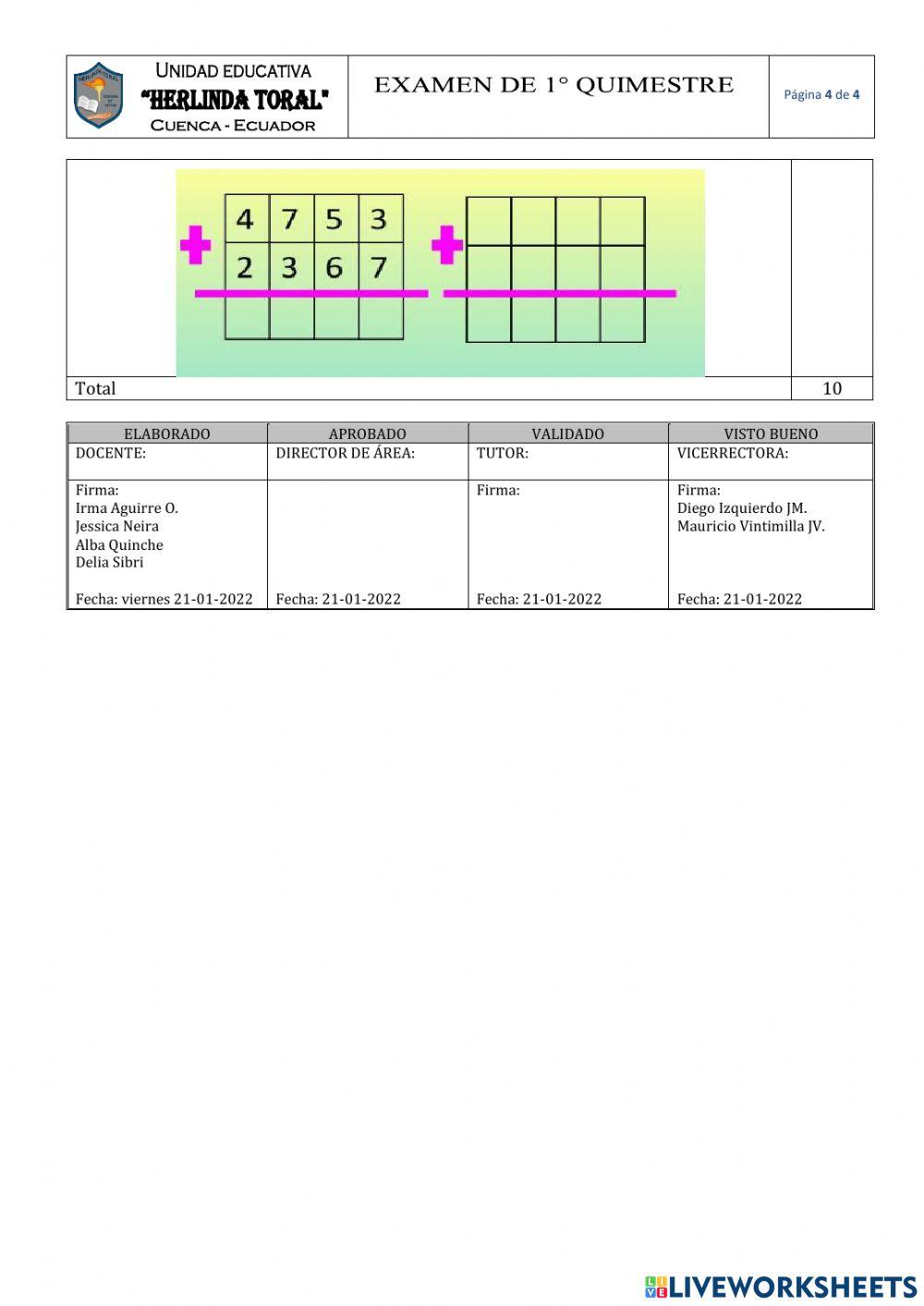Examen Quimestral Matemática