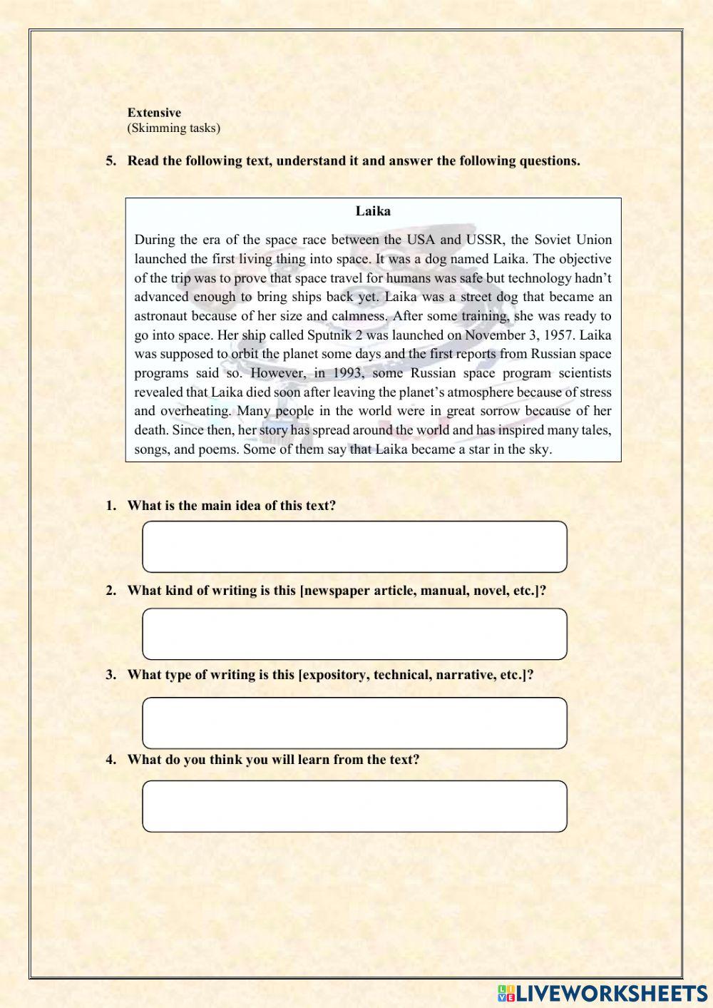 “First astronaut in the outer space” - Reading Test