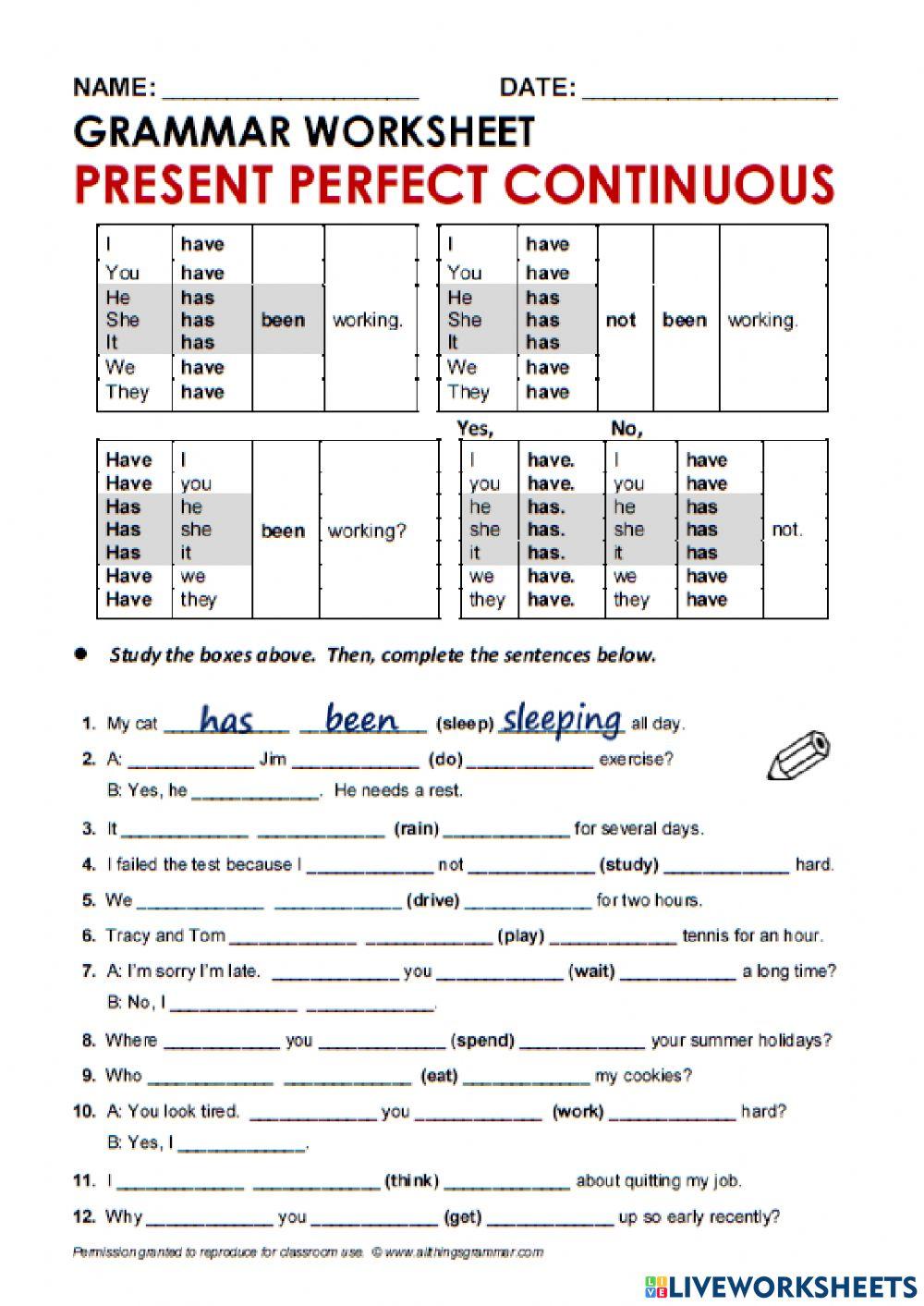 Present Perfect Continuous online exercise for Live Worksheets