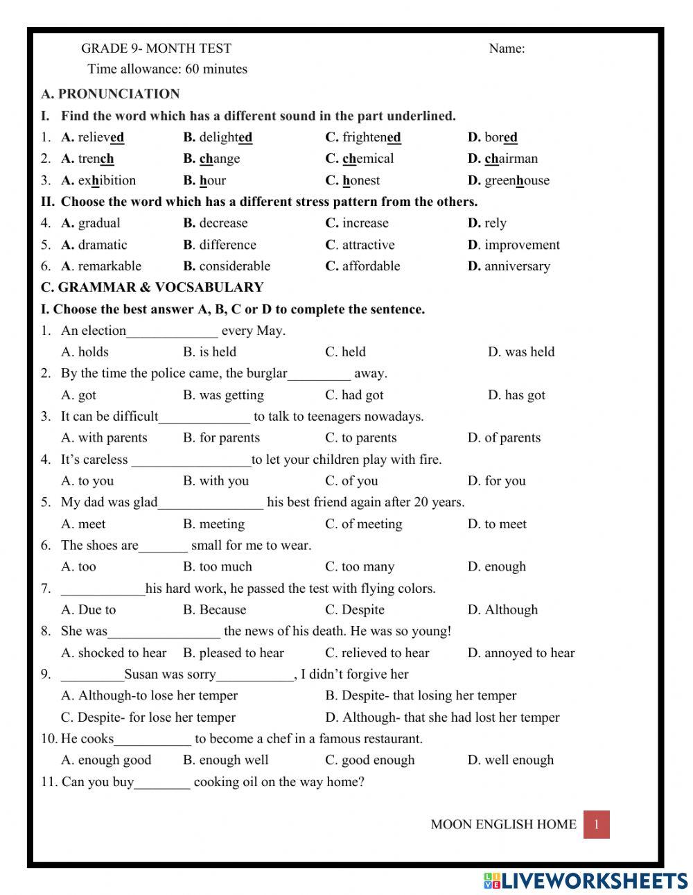 Grade 9B- Month Test
