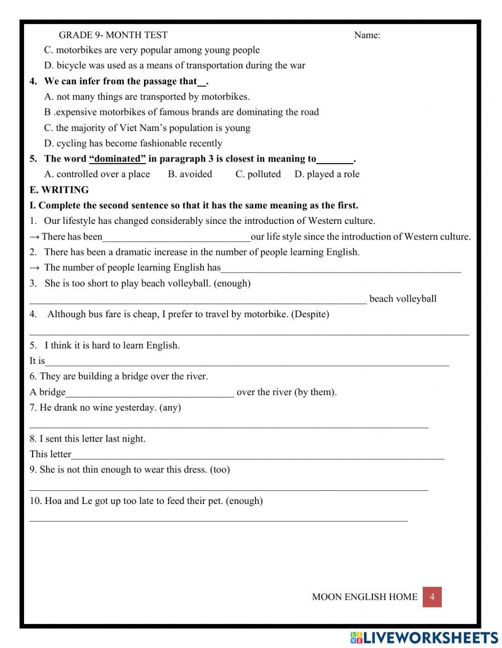 Grade 9B- Month Test