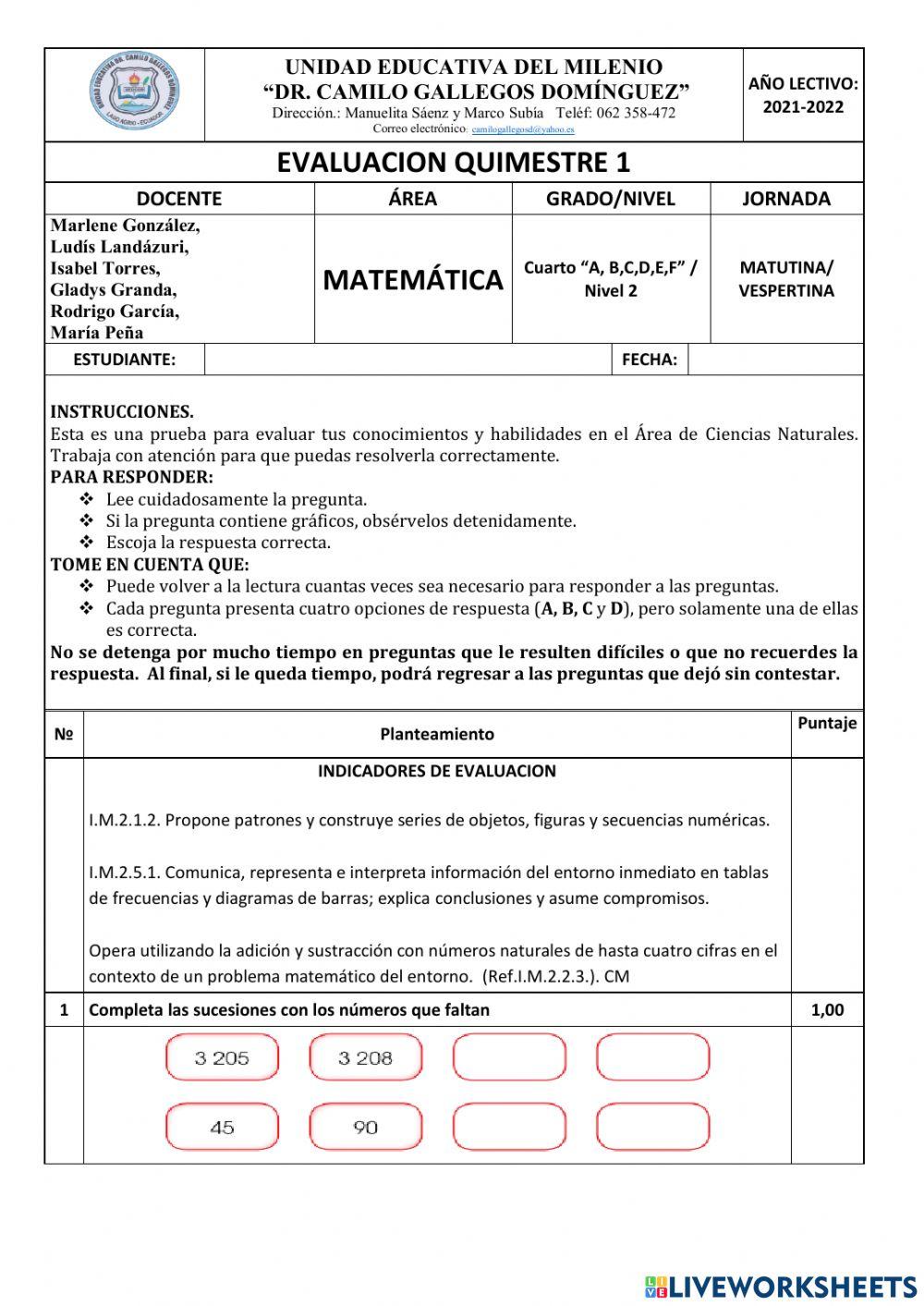 Evaluacion quimestre 1 matematica