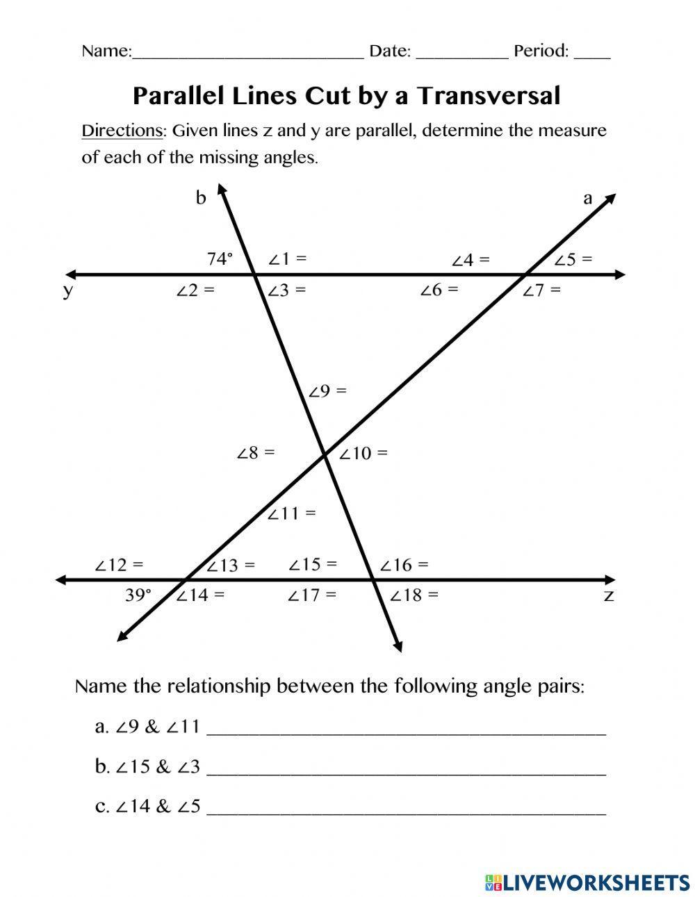 Parallel Lines cut by a transversal worksheet | Live Worksheets Parallel Lines cut by a transversal worksheet | Live Worksheets
