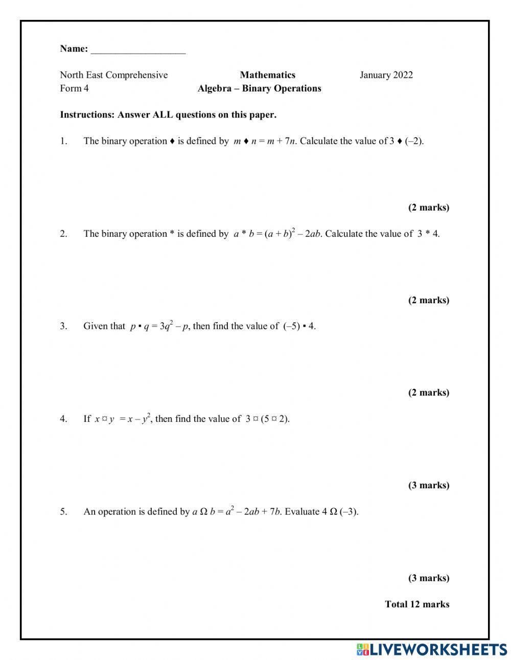 Binary Operations F4 online exercise for | Live Worksheets