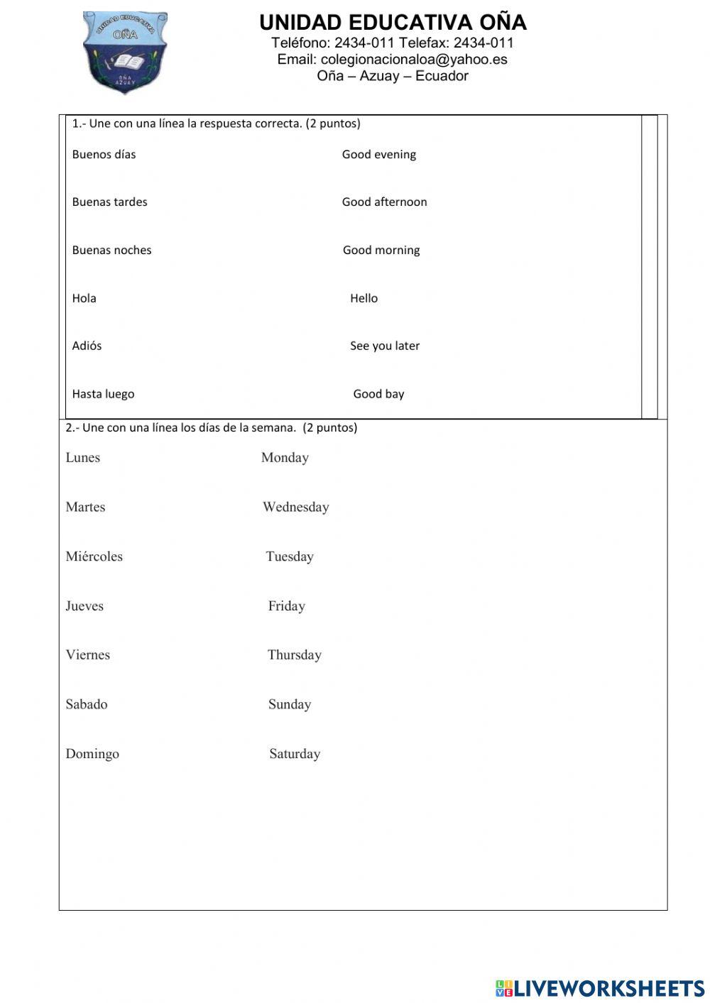 Examen quimestral de ingles