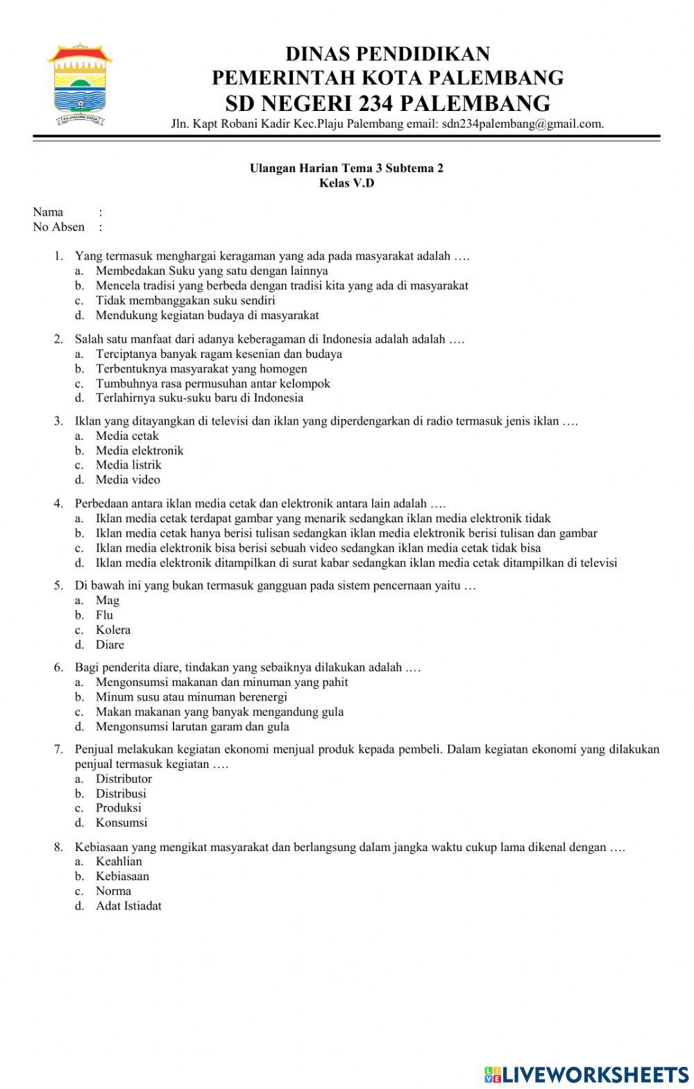 Ulangan Harian Tema 3 Subtema 2