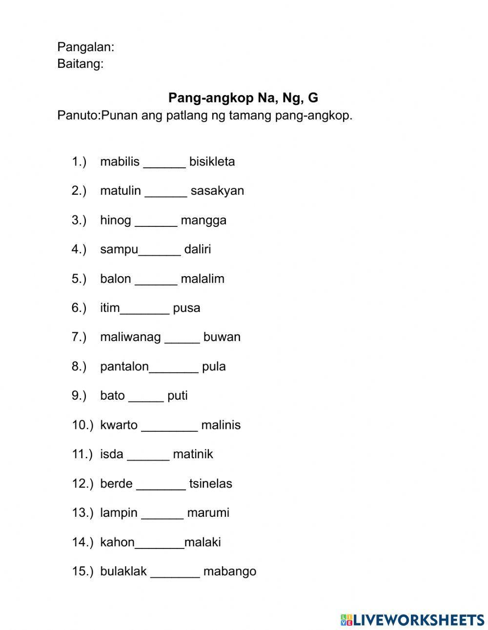 Pang-angkop na Ng, Na at G