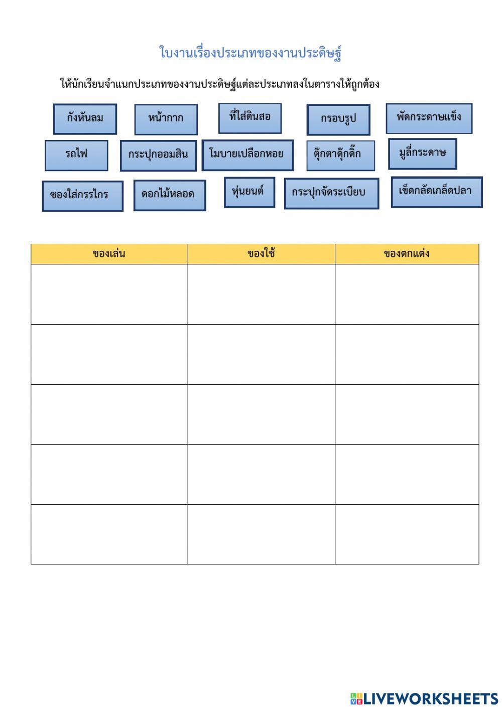 แบบฝึกหัดเรื่องประเภทของงานประดิษฐ์