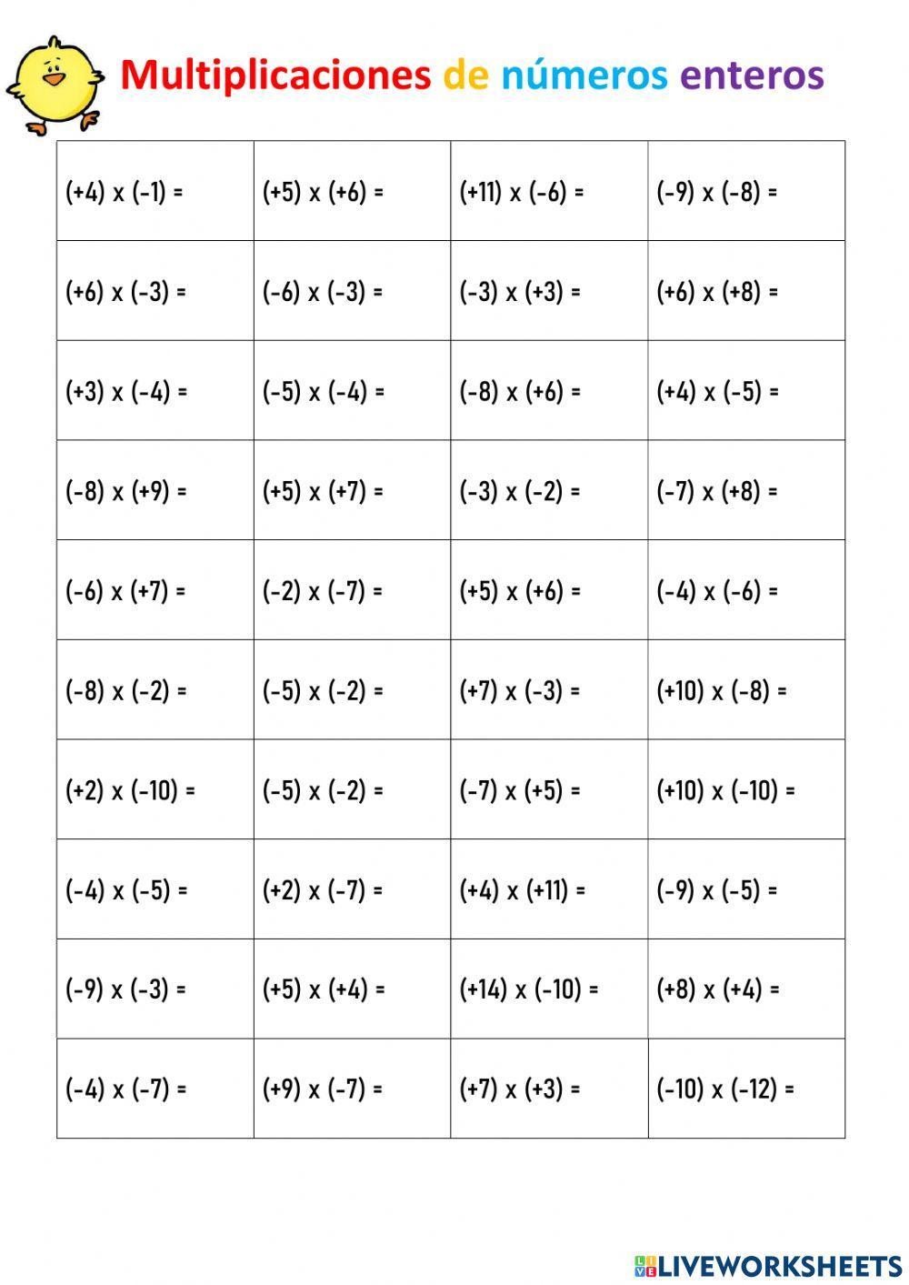 Multiplicaciones de números enteros