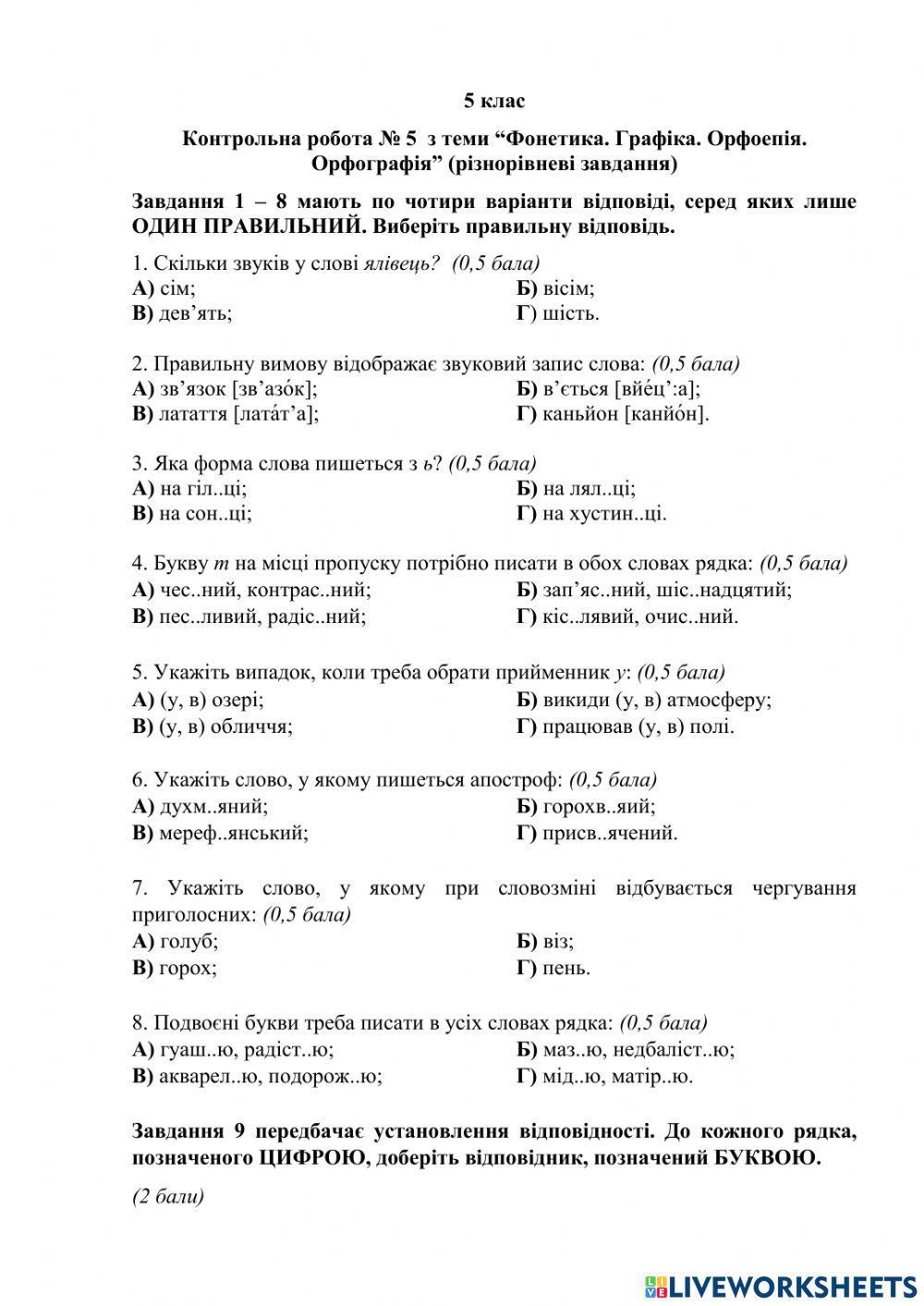 Контрольна робота  з теми “Фонетика. Графіка. Орфоепія. Орфографія” (різнорівневі завдання)