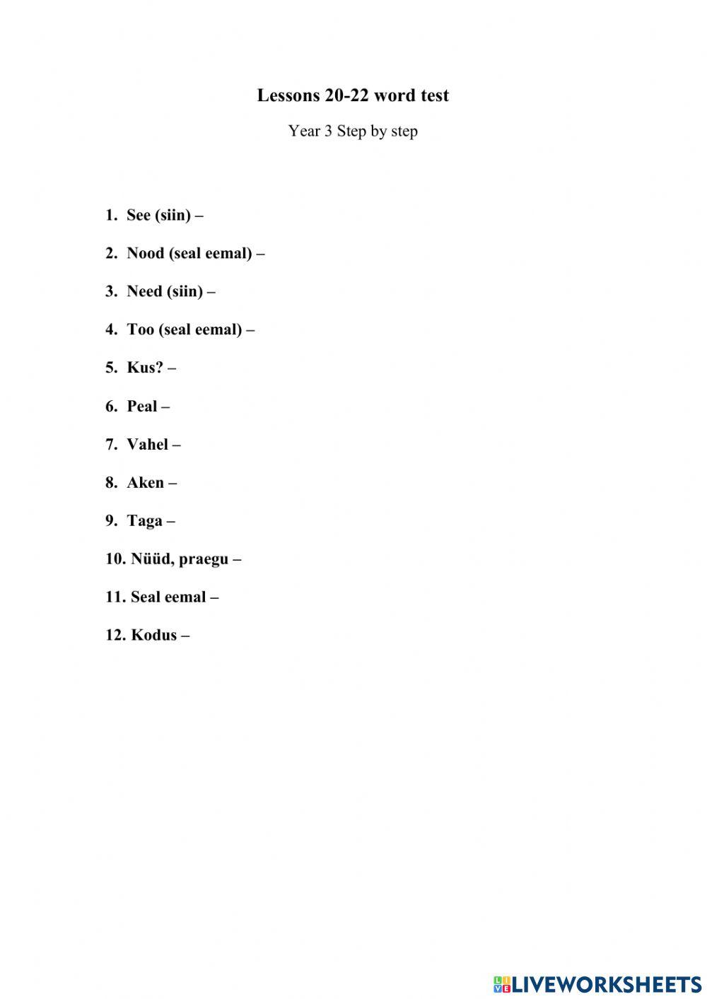 English word test Year 3 Lesson 20-22