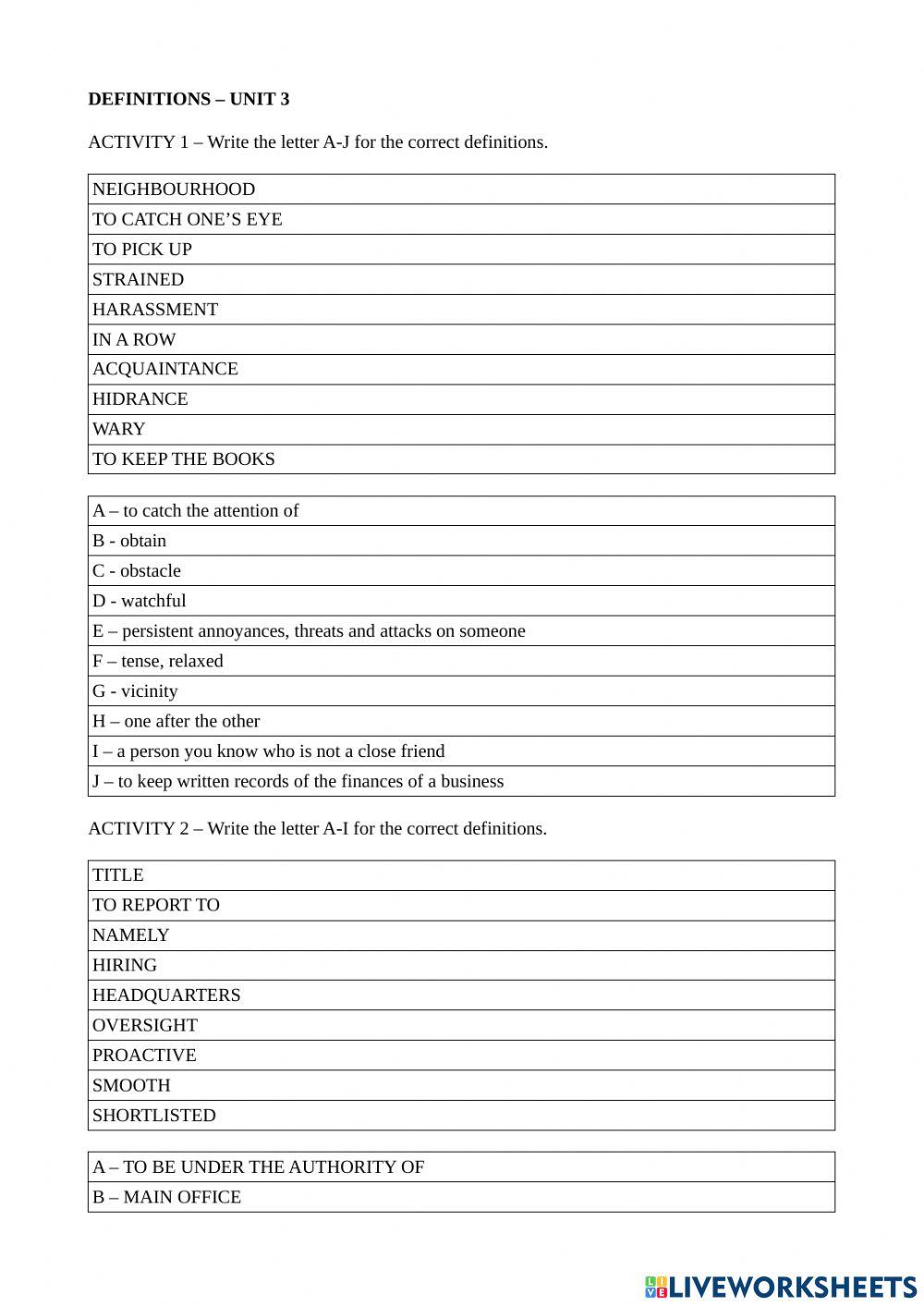Get ahead at work - unit 3 - defiinitions
