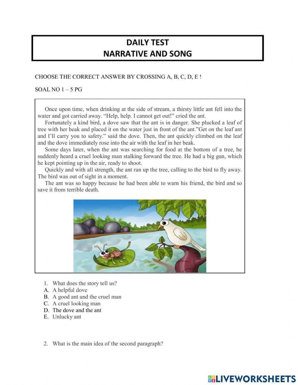 Daily test narrative and song worksheet live worksheets
