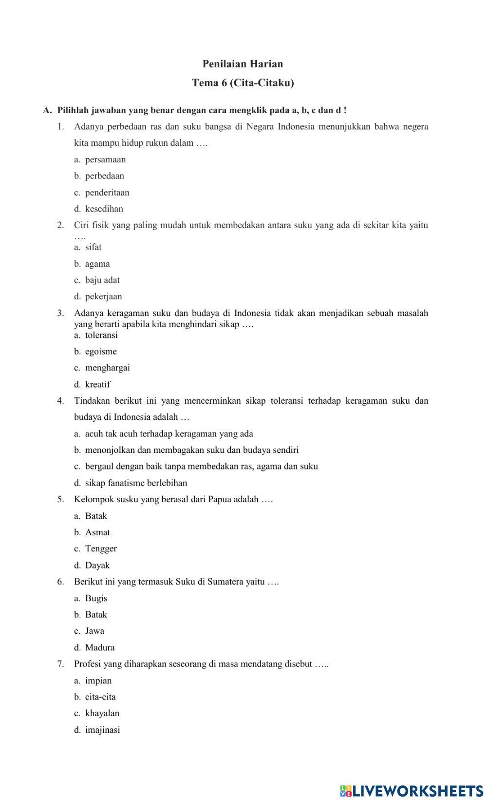 Penilaian Harian Tema 6 Cita-Citaku