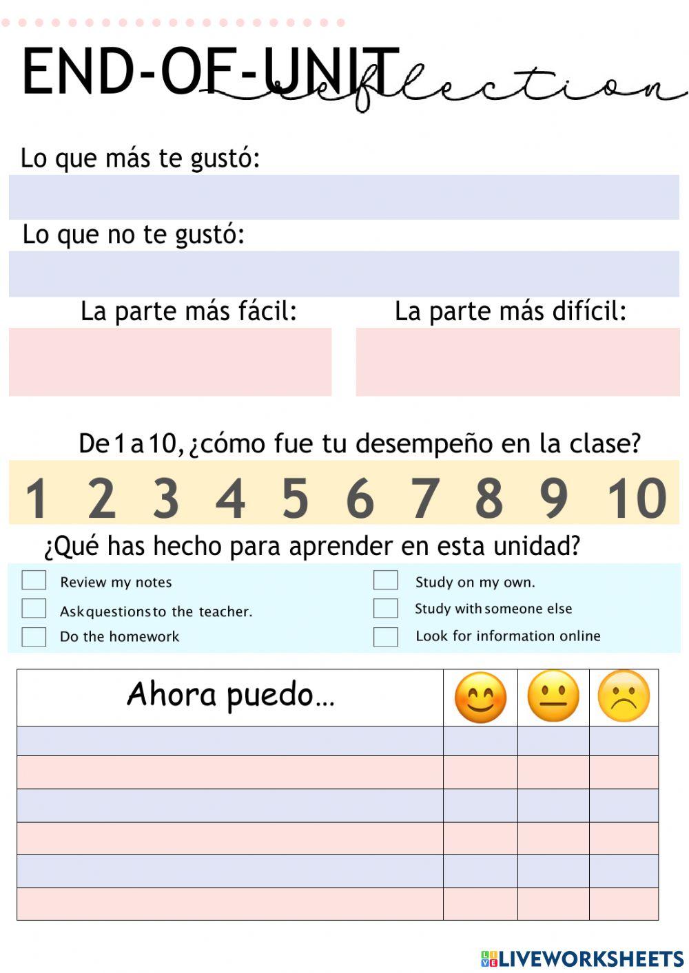 End of unit reflectio form