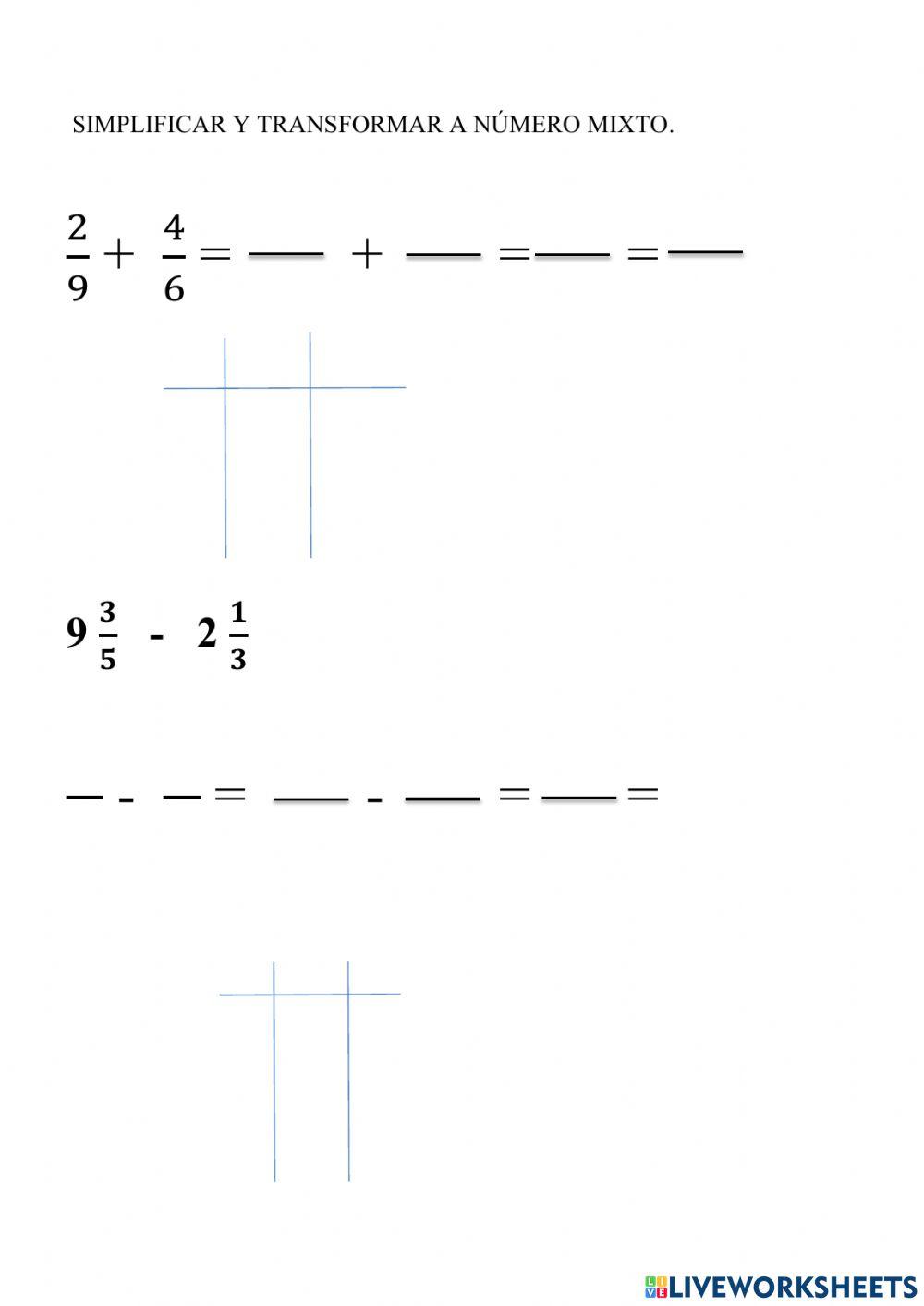 Sumas y restas de fracciones. Simplificar. worksheet