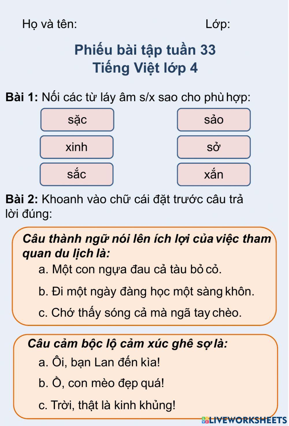 Phiếu bài tập tuần 33 Tiếng Việt lớp 4
