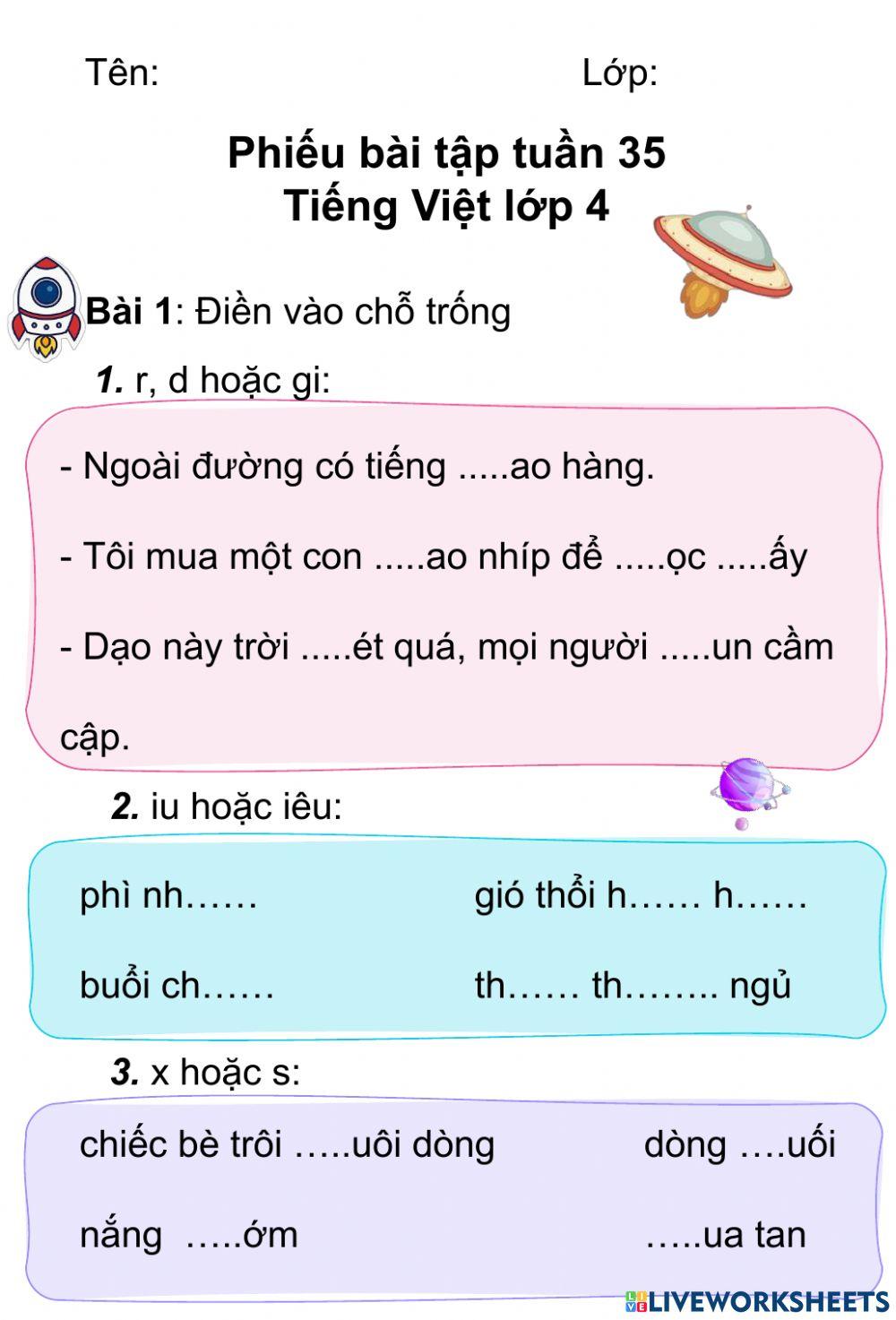 Phiếu bài tập Tuần 35 Tiếng Việt 4