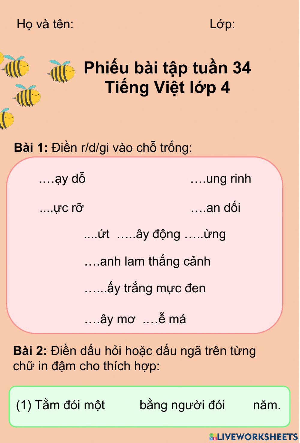 Phiếu bài tập tuần 34 Tiếng Việt lớp 4