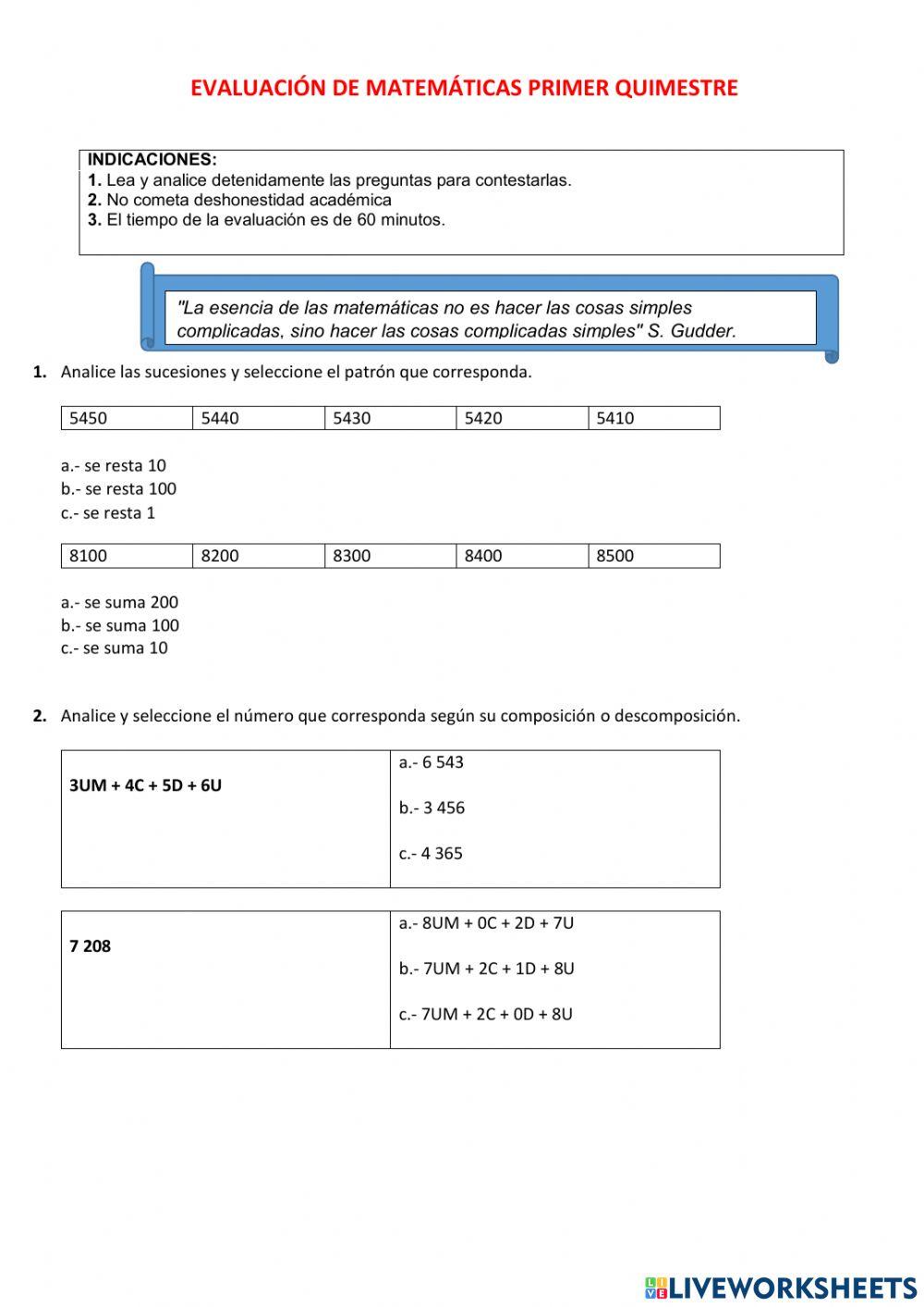 Evaluación de matemáticas 4to año