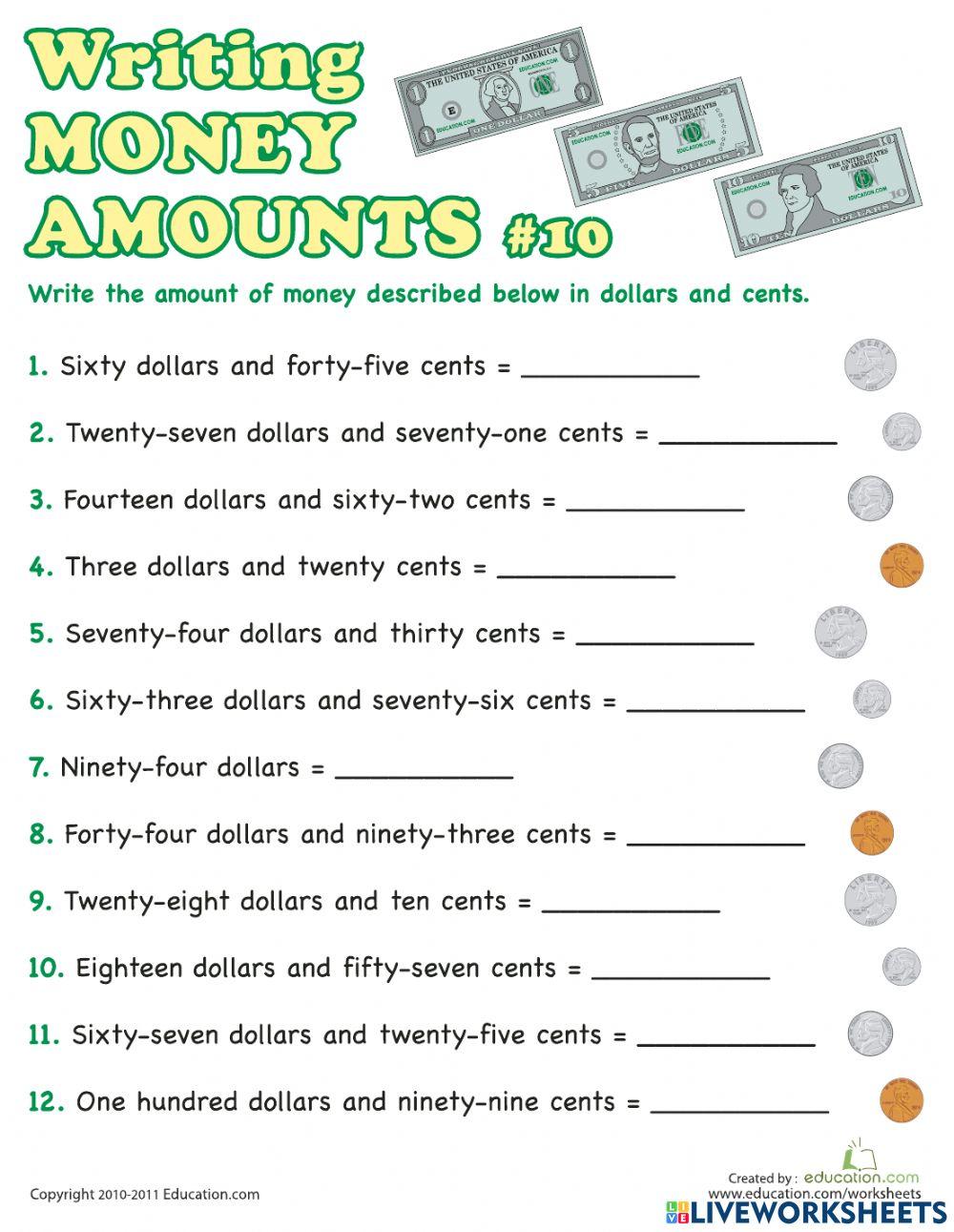 WRITING MONEY AMOUNTS Online Exercise For Live Worksheets writing-money-amounts-online-exercise-for-live-worksheets
