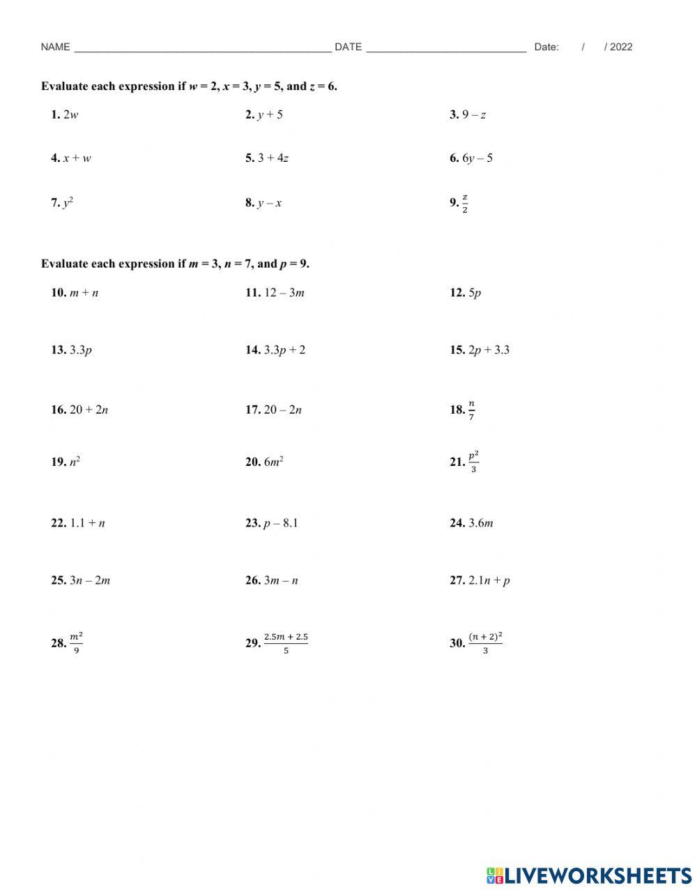 Algebraic Expression Activity