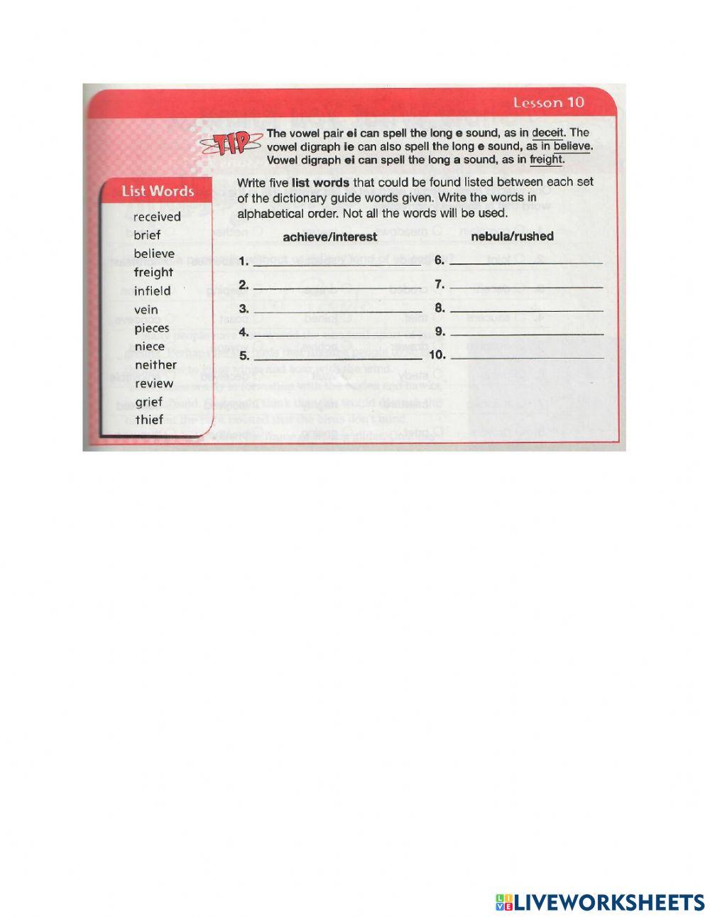 Word Study Quiz Vowel Digraph ie and ei